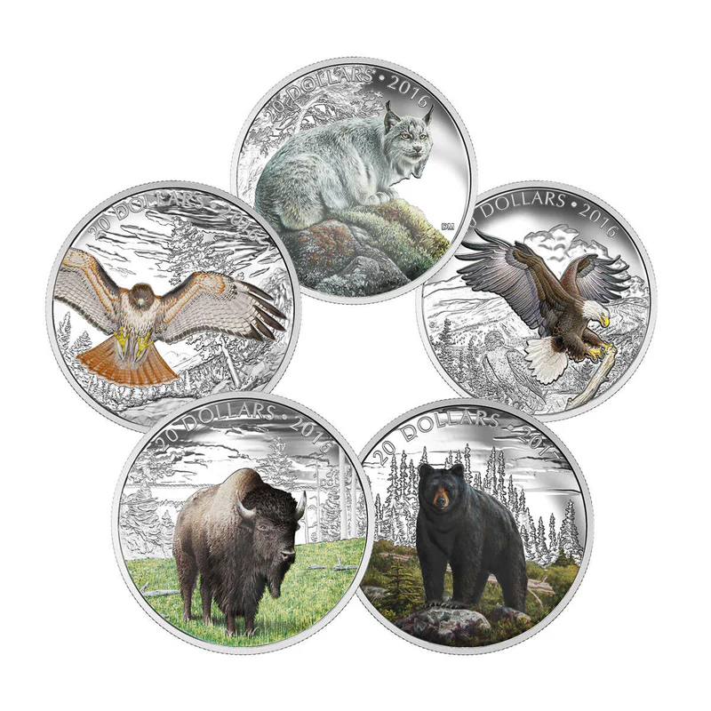 2016 $20 Majestic Animals 5 Pure Silver Coins in Wooden Display Case