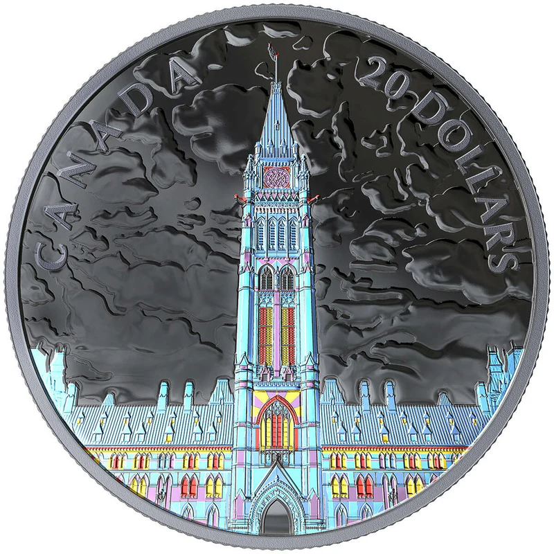 2019 $20 Lights On Parliament Hill Silver Coin with Blacklight
