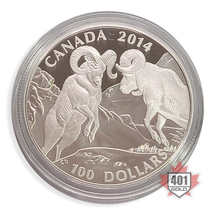 2014 $100 Rocky Mountain Bighorn Sheep Silver Coin Reverse