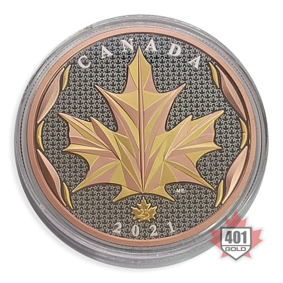 2021 $50 5 oz Pure Silver Coin - Maple Leaves In Motion (Dual Gold Plated)