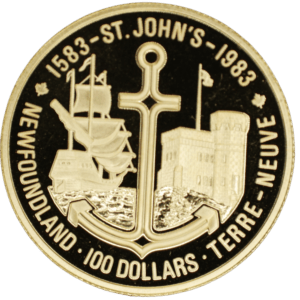 1983 $100 GILBERTS LANDING IN NEWFOUNDLAND 22K GOLD COIN Reverse