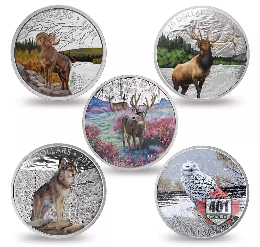 2015-2016 $20 Iconic Animals Silver Coin Set (5) in a Display Case