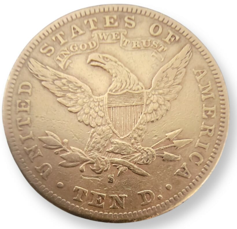 1886 $10 Liberty Head Gold Coin Reverse