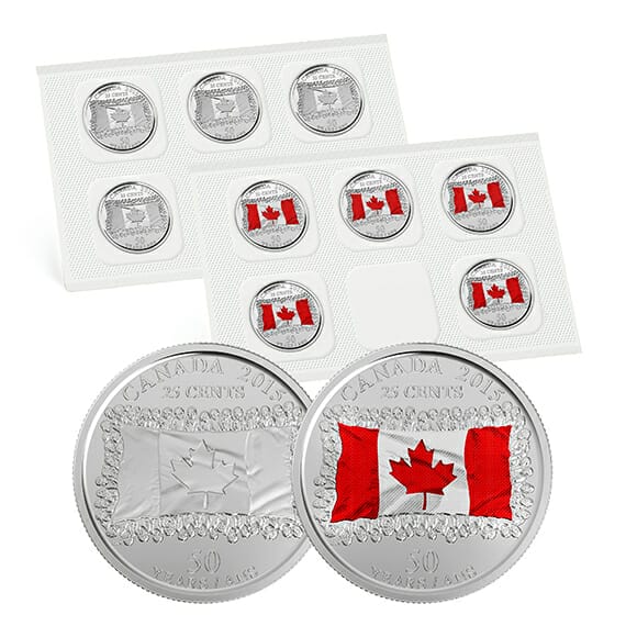 2015 25c Coloured and Non Coloured Canada Flag Quarters