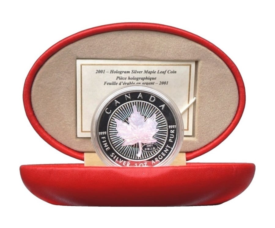 2001 $5 Hologram Silver Maple Leaf Reverse Proof Coin - 9999 (Original Box. Never Opened)
