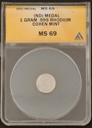 1 gram Cohen Mint Rhodium Coin MS69 Front