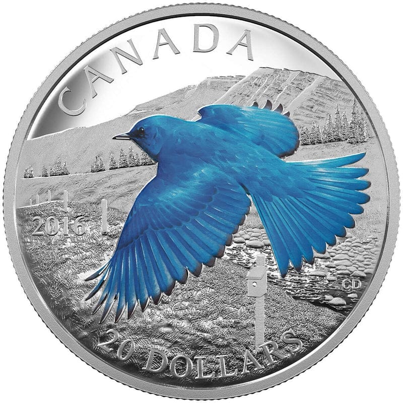 2016 $20 The Migratory Birds Convention: 100 Years of Protection The Mountain Bluebird Silver Coin - 9999