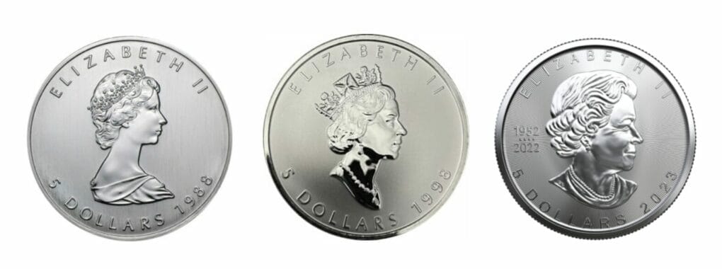Buy Silver Maple Leaf coins in Toronto & Canada. These are the 3 different effigies for Queen Elizabeth II