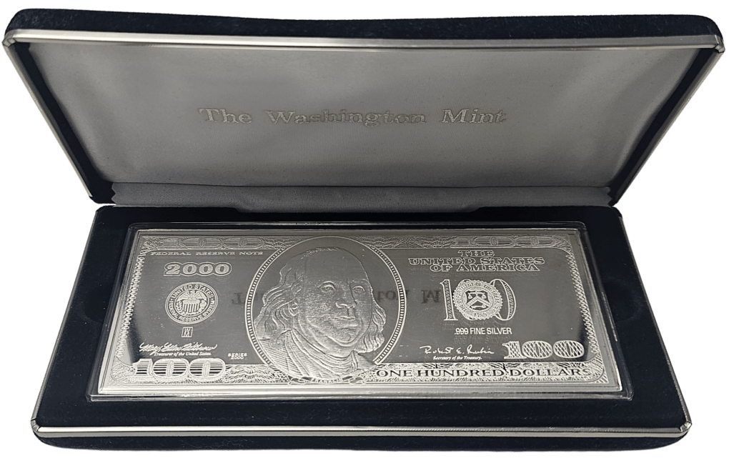 4 oz One Hundred Dollar Silver Bar in case